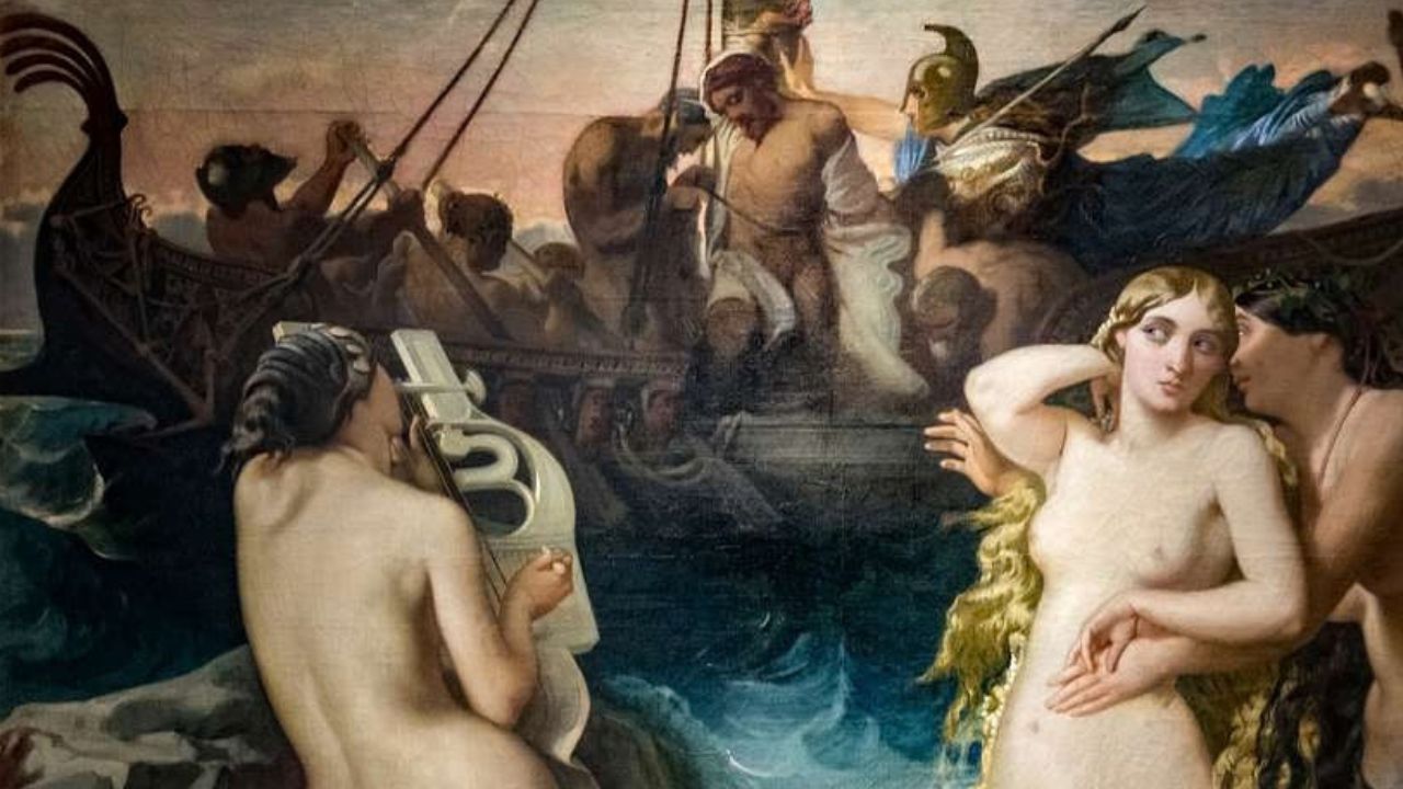 painting depicting sirens and a ship